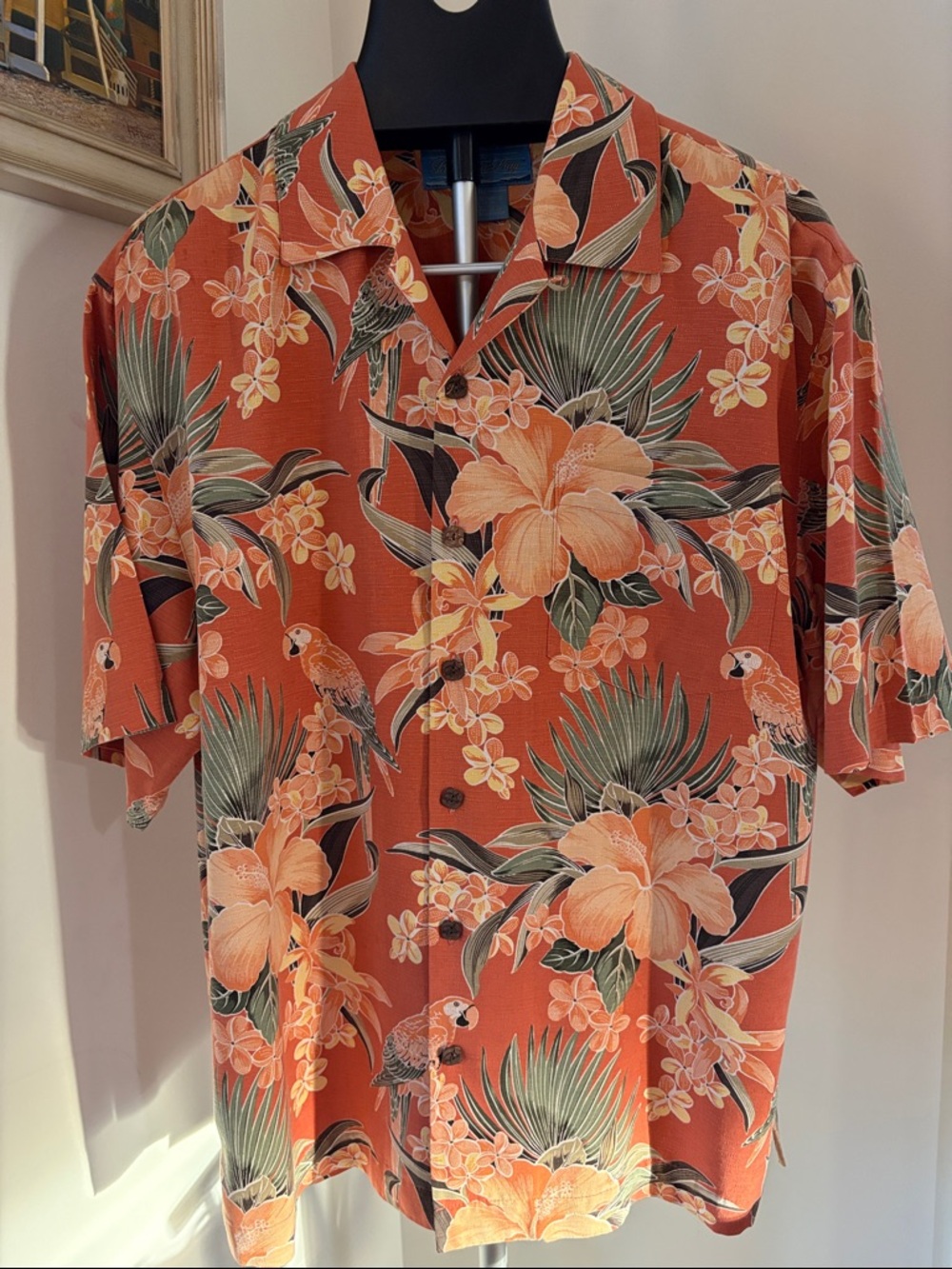 Bermuda Bay Floral Parrot Bird Hawaiian Silk Aloha Shirt Size Medium Tropical
